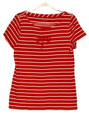 Talbots Striped Beaded Palm Short Sleeve Top Shirt Tee Petite Red & White
